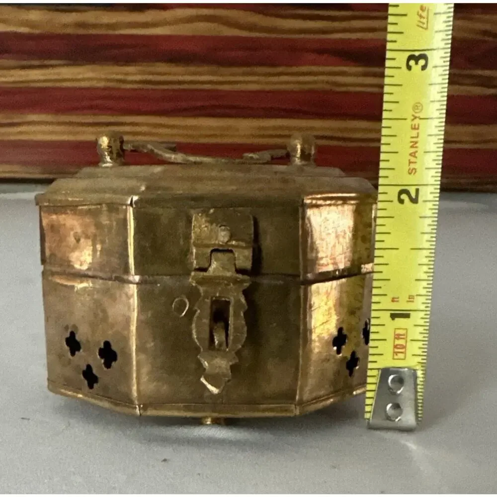 Vintage '70s Brass Trinket Incense Octagon Box~Hinged Lid & Latch Made in India